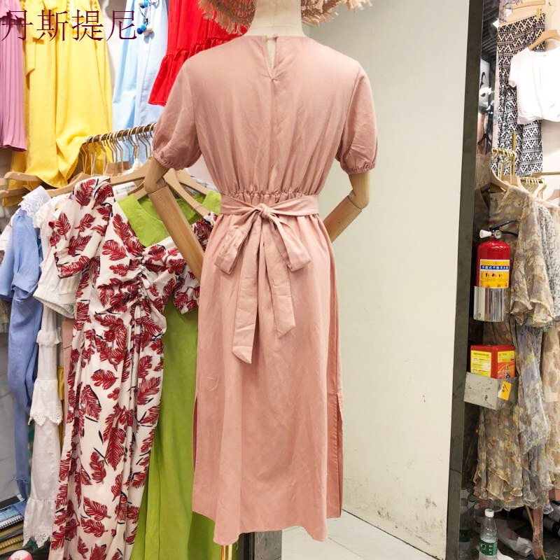 纯色娃娃领短袖连衣裙2018夏装新款时尚韩版淑女风中长款裙子女装果粉均码