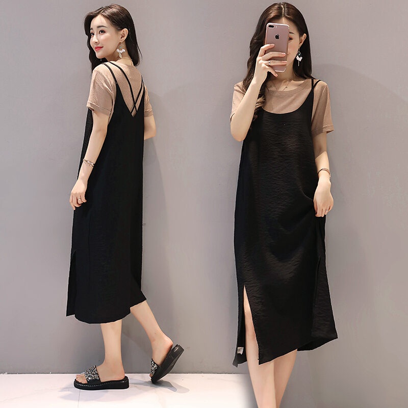 2018夏季新款韩版春款女装T恤带连衣裙中长款宽松背带裙两件套