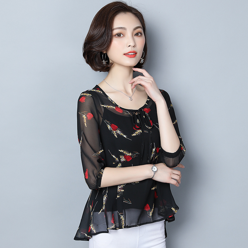 雪纺衫女夏女士新品韩版女装两件套遮肚显瘦上衣碎花短袖洋气小衫