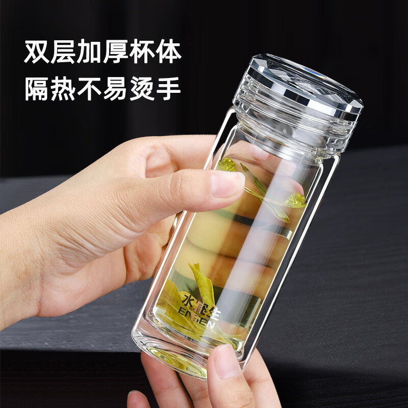 水宜生 180ML 双层玻璃杯 便携迷你泡茶杯 耐高温商务车载水杯 防烫带盖小容量杯子 G309高清大图