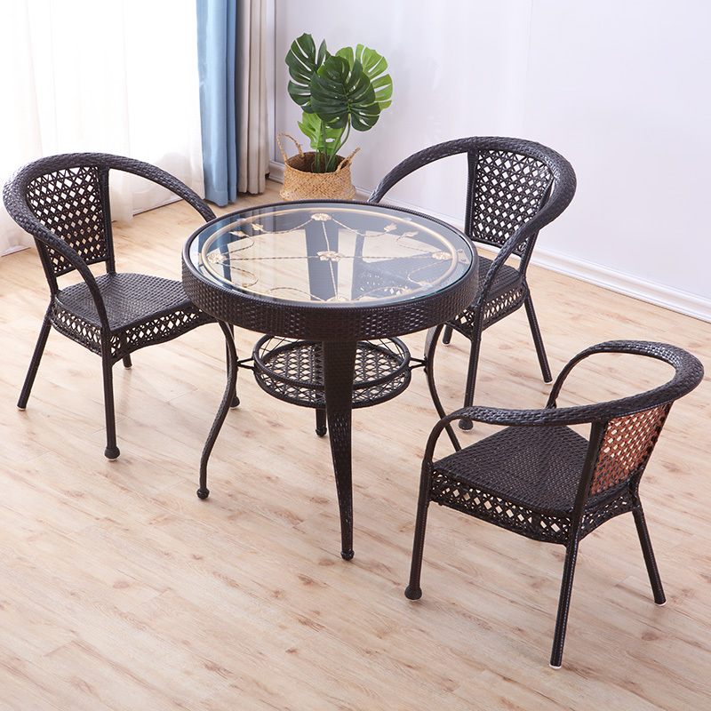 藤椅茶桌简约钢化玻璃小圆桌家用阳台小茶几圆形休闲喝茶闪电客桌椅