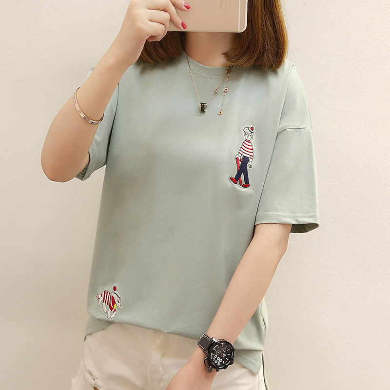 短袖T恤女学生2018夏装刺绣宽松圆领百搭t血女款体桖上衣服韩版潮