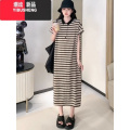 YIBUSHENG慵懒风宽松翻领条纹大版连衣裙女2024季时尚遮肉显瘦垂版纹E时 XL130-145斤 卡其色优质现货