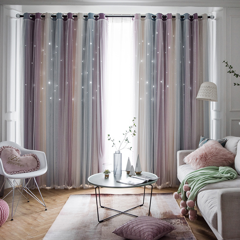 美帮汇北欧现代简约新款星星公主风星空窗帘布客厅卧室飘窗遮光2024 A1-2雪花紫丽纱星星 定制每米价格（含挂钩加工）