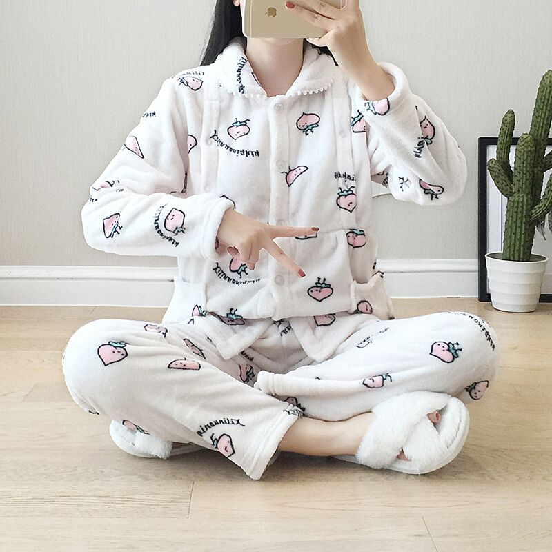 迪鲁奥(DILUAO)秋冬季月子服保暖加绒法兰绒孕妇睡衣珊瑚绒产后哺乳喂奶套装