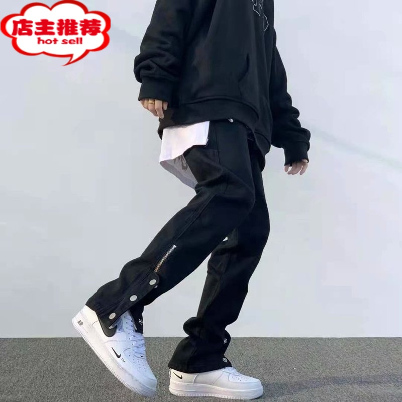 shanchao欧美vibe风黑色高街裤子男工装机能排扣设计感小众情侣潮牌