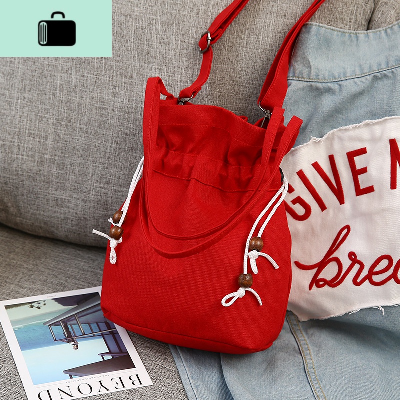 帆布包抽绳束口袋韩版百搭女包休闲单肩斜跨包手提布袋手机零钱包NEWLAKE 红色木珠