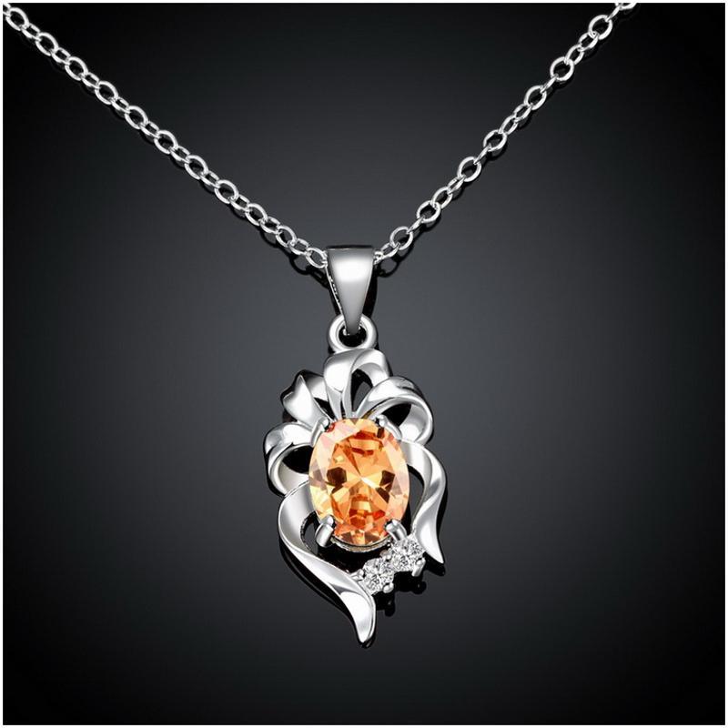 N060Women Silver Necklace镀925纯银镶宝石坠项链女送女友首饰送女朋友七夕情人节礼物
