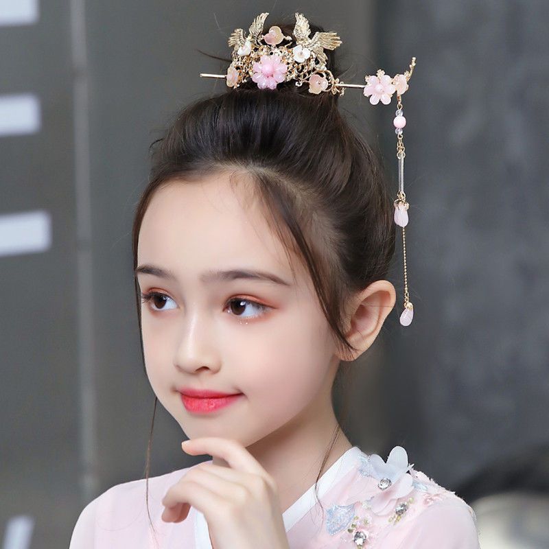儿童汉服小发冠流苏步摇公主古风头饰发簪子女童古装发簪演出配饰