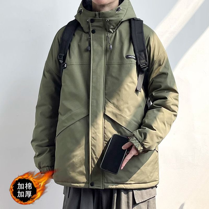 工装冲锋衣外套男秋冬季大码宽松潮牌连帽棉衣服痞帅高清大图