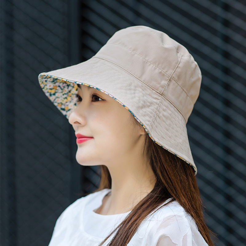 夏天碎花盆帽渔夫帽春秋季出游防晒太阳帽时尚百搭遮脸卡其色m5658cm