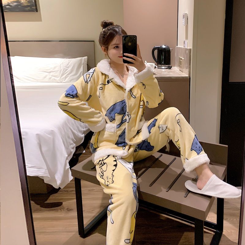 波迷娜bomina猫咪睡衣女冬季珊瑚绒长袖学生新款加厚可爱服春两件套装