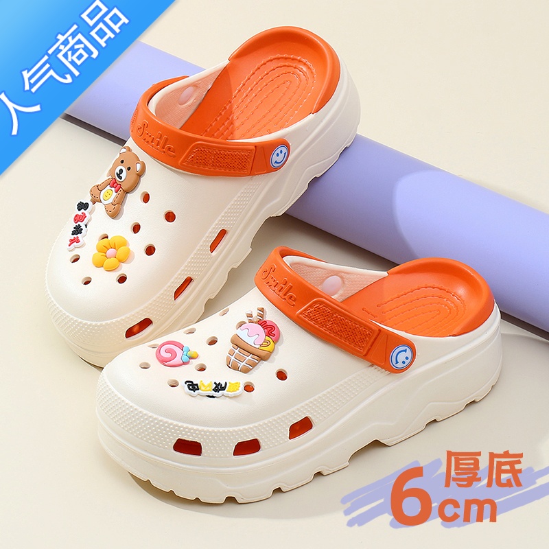 SUNTEK卡通洞洞鞋女夏外穿松糕厚底两穿包头半拖鞋时尚高跟镂空沙滩凉拖高清大图