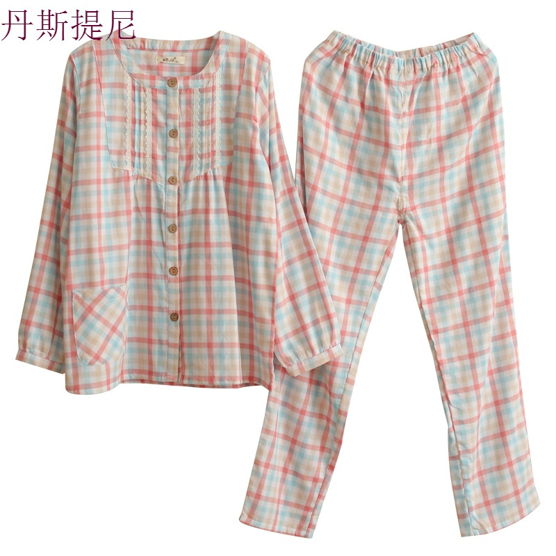 春秋新款睡衣女纯棉纱布长袖圆领全棉清新格子学生日系家居服套装