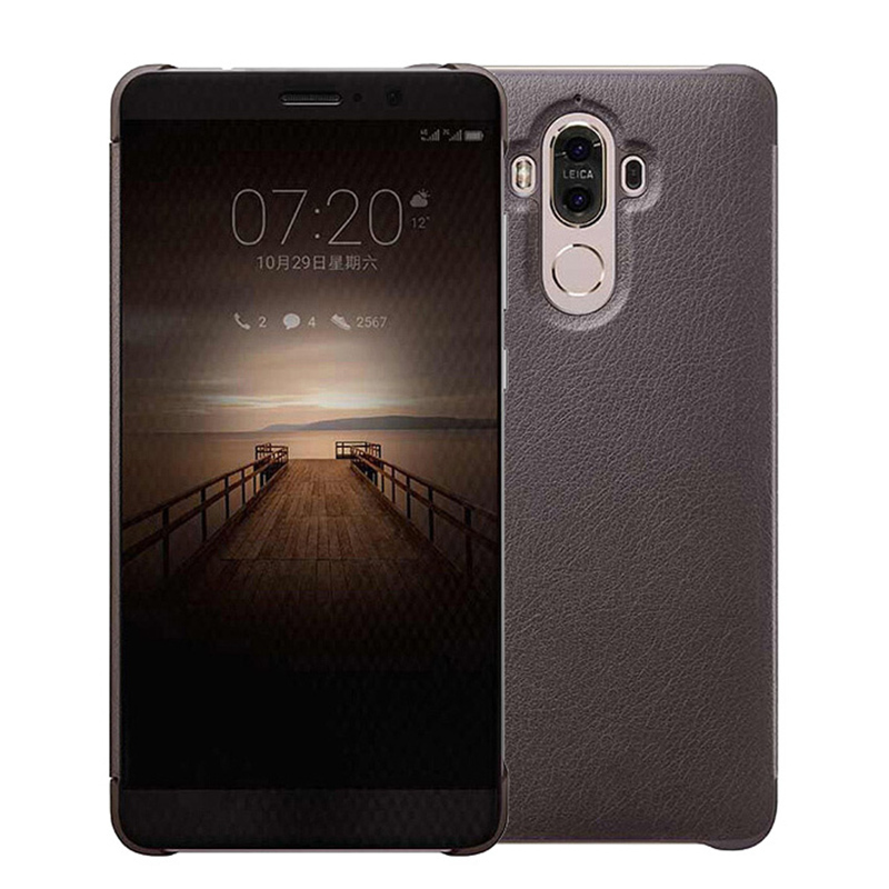 送钢化膜]溪特 华为mate9手机壳原装不翻盖接听电话保护壳(5.9英寸)抗爆防摔皮质保护套商务视窗智能休眠皮套咖啡色