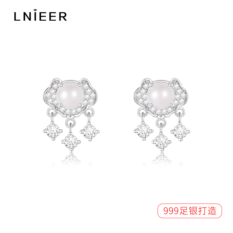 999纯银猫眼石平安长命锁耳钉精致小众设计感耳环2025新款耳饰送女朋友老婆情人节七夕生日礼物