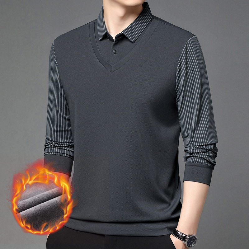 啄木鸟假两件长袖t恤男士秋冬新款加绒衬衫领上衣休闲打底衫男款高清大图