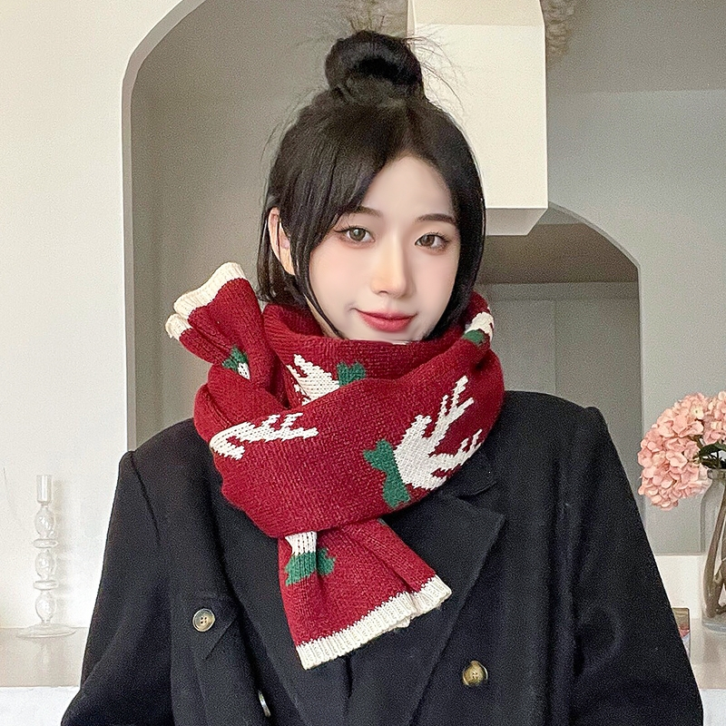圣诞节麋鹿毛线针织围巾古达女秋冬可爱少女冬季百搭围脖韩版软妹披肩