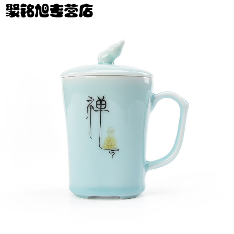 青瓷陶瓷泡茶杯子带盖过滤办公杯 马克杯个人杯喝水杯茶杯瓷杯家用喝水杯子新款创意杯子喝水杯家用陶瓷杯