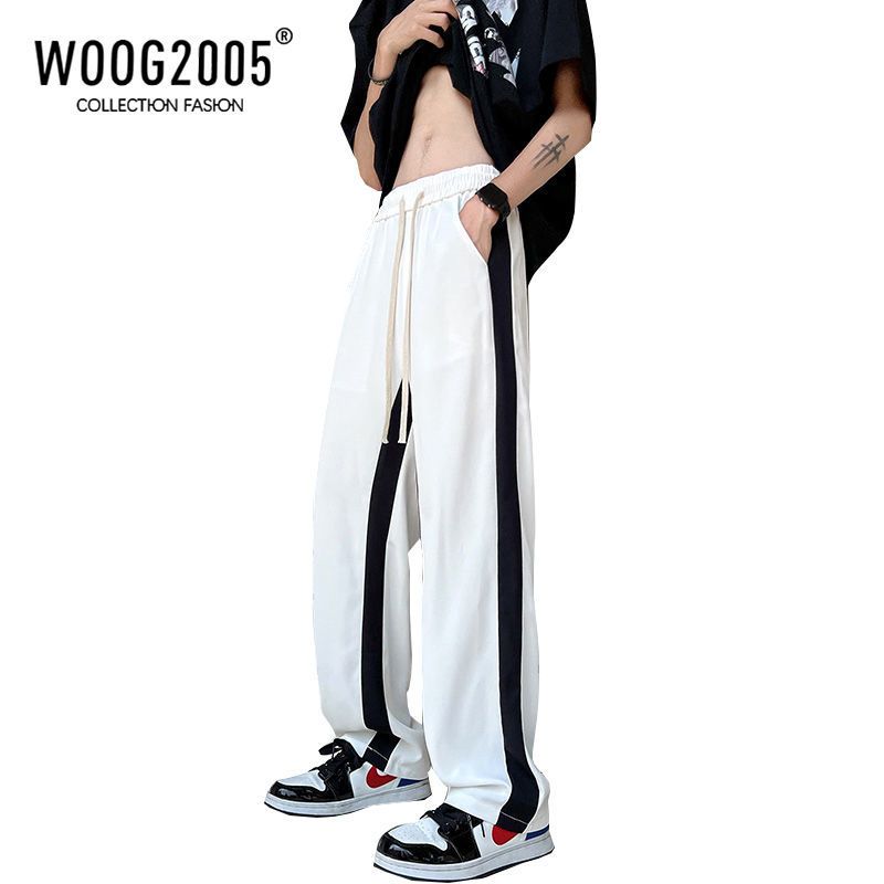 WOOG2005白色裤子高街潮ins夏季薄款垂坠感冰丝阔腿裤男直筒长裤