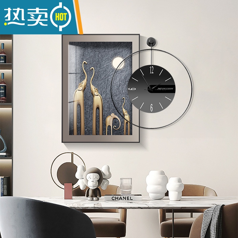 敬平轻奢餐厅装饰画钟表挂画组合饭厅墙画挂钟现代简约客厅歺厅背景画装饰画高清大图