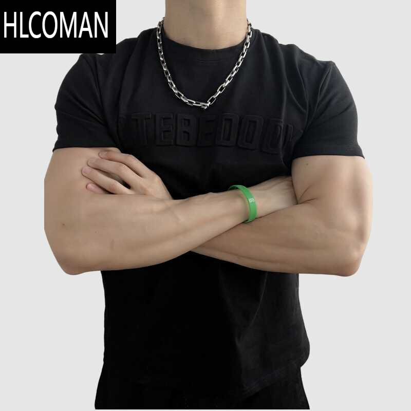 HLCOMAN圆领健身潮流钢印T恤垫肩版收袖显臂围凸显肩宽男士运动训练短袖