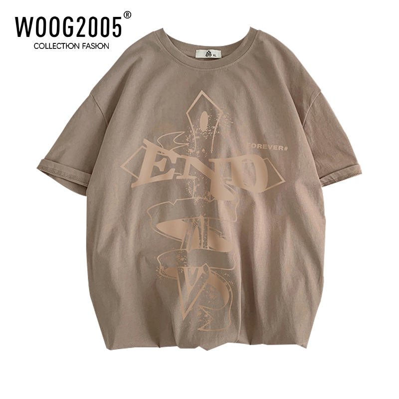 WOOG2005美式复古短袖T恤设计感卡其色高街ins宽松克罗心半袖衣服