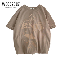 WOOG2005美式复古短袖T恤设计感卡其色高街ins宽松克罗心半袖衣服