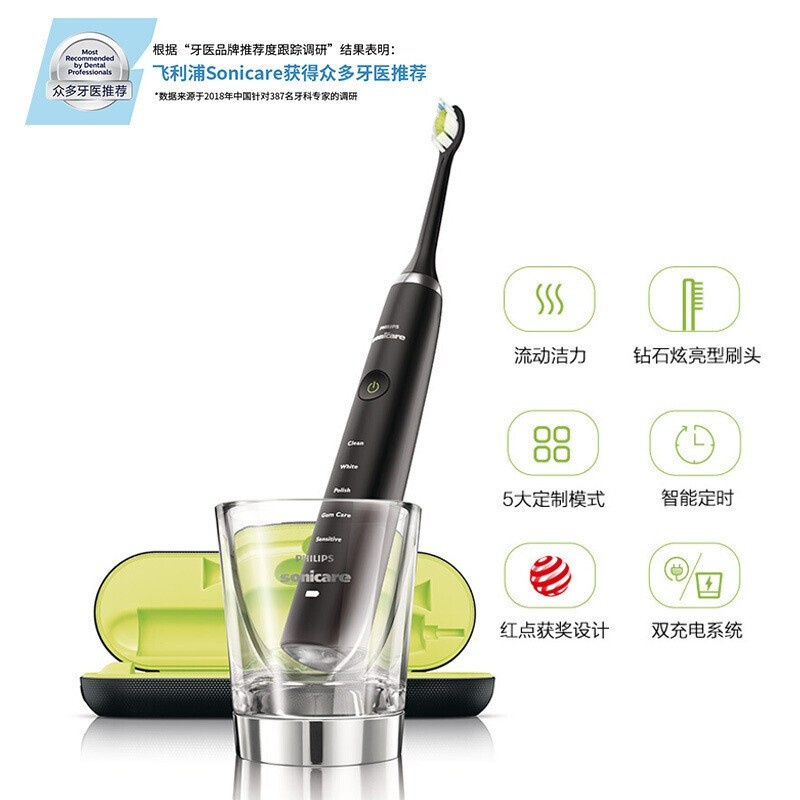 飞利浦(Philips)电动牙刷成人声波震动式 男女充电式钻石亮白型牙刷31000次/分钟 5大模式神秘黑钻HX9352高清大图