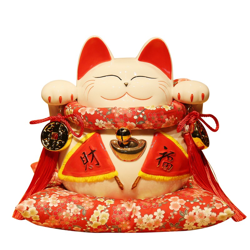 猫摆件 大号陶瓷日本猫储蓄罐 存钱罐 开业创意礼品 三维工匠 全家幸福(棉布垫)猫高清大图