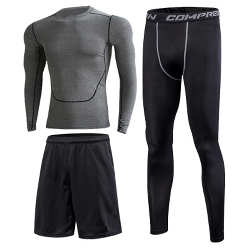 健身房运动套装男透气长袖加肥加大码健身服跑步紧身衣