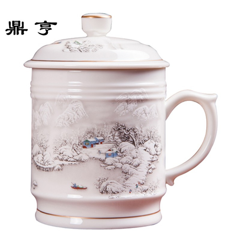 鼎亨带盖茶杯陶瓷办公杯景德镇大号水杯子大码马克杯青花瓷器1000