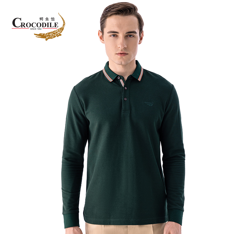 鳄鱼恤CROCODILE 秋季新品 男士时尚简约纯色长袖polo衫 顺丰发货 BA-53501 054中绿色 L