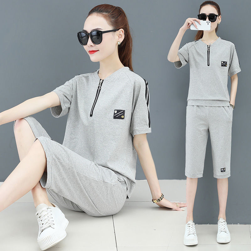 棉休闲运动服套装女夏季宽松大码短袖宽松短裤七分裤两件套