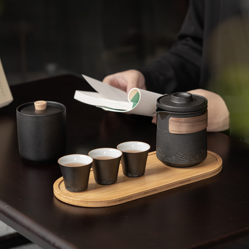 苏氏陶瓷(SUSHI CERAMICS) 山水旅行茶具便捷功夫茶具套装 海浪-旅行干泡装(黑)