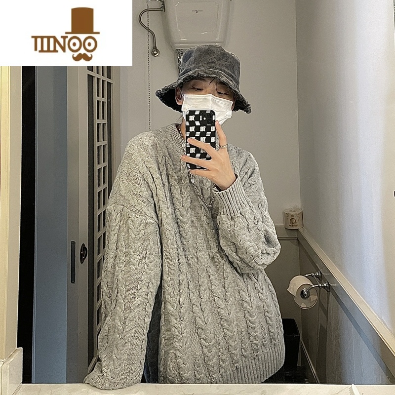 YANXU日系麻花宽松毛衣外穿男女情侣韩版设计慵懒风港风圆领针织外套男高清大图