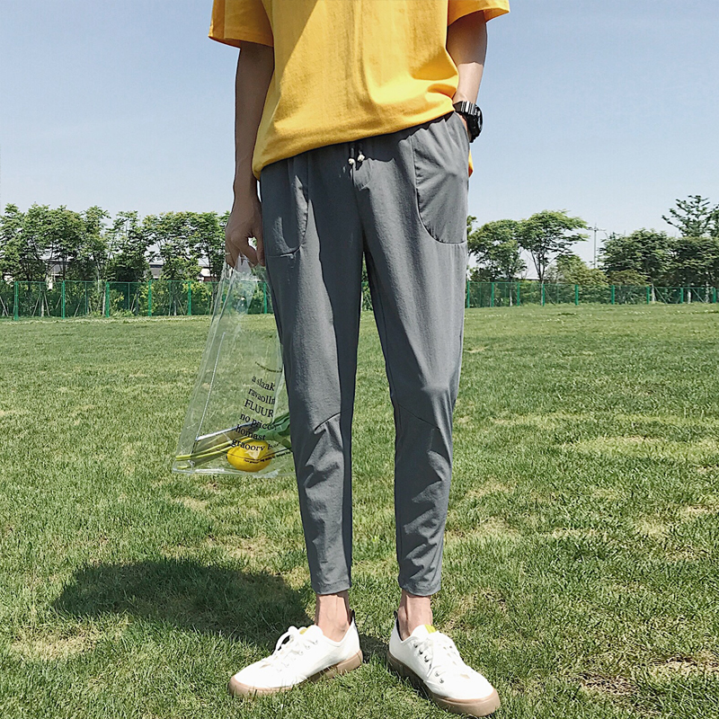 夏款港风新款男士修身裤子时尚百搭小直脚休闲裤薄款哈伦裤纯色潮