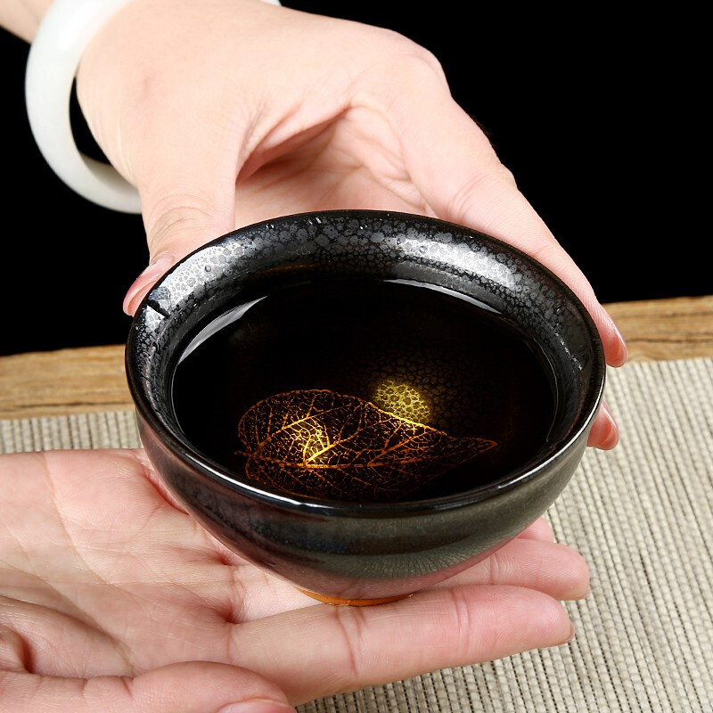 金镶玉 天目叶子盏茶杯 建盏杯陶瓷主人杯办公室功夫茶具个人品茗杯紫砂建盏茶杯130ml 口径8cm高清大图