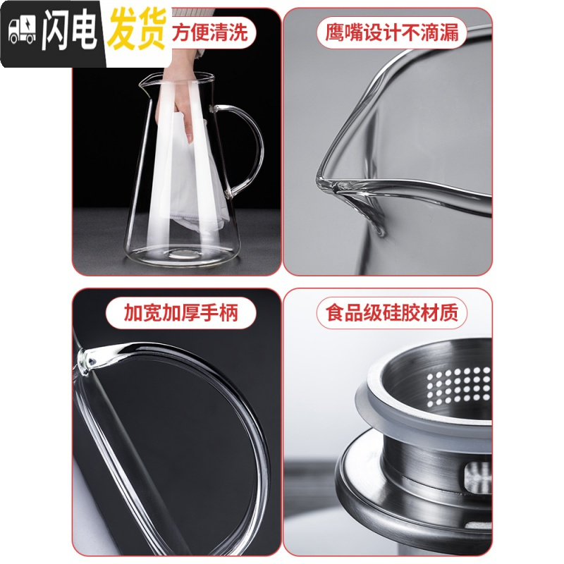 三维工匠玻璃水壶耐热防爆冷水壶可高温凉水杯家用装水茶壶扎壶套装 三角壶1500+杯盘(送290水杯6只)