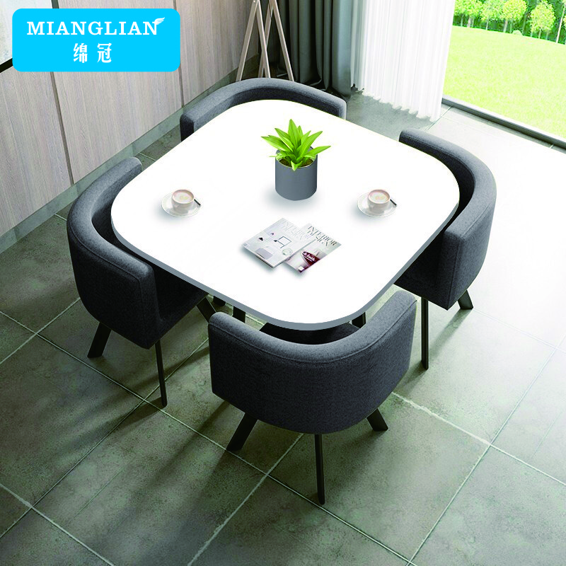 绵冠MIANGUAN洽谈桌椅组合会客办公室休闲咖啡厅奶茶店小户型方形接待桌椅一桌四椅 铁灰色布艺方桌
