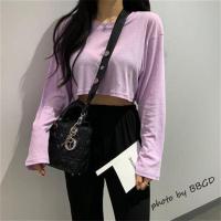 [棉质]秋季长袖t恤女2021新款韩版ins潮学生露肚脐短款宽松上衣 紫罗兰 M