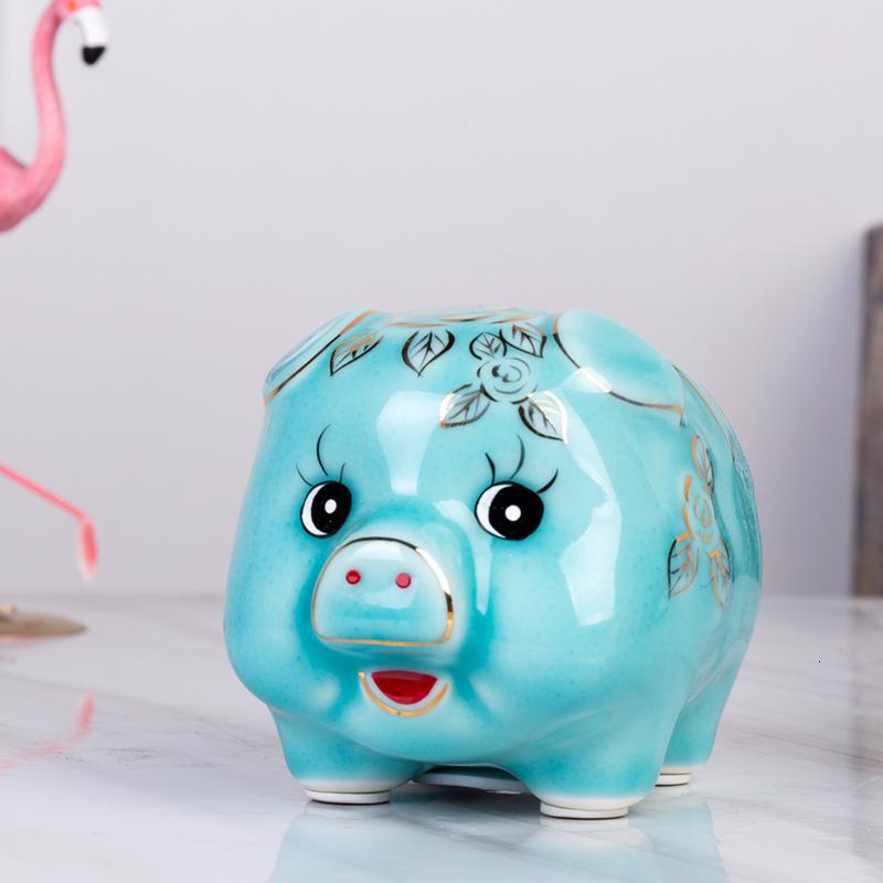 个性创意储钱罐陶瓷金猪抖音存钱储蓄罐大码超大摆件儿童生日 三维工匠 特小玫瑰蓝特小12*8*8高清大图