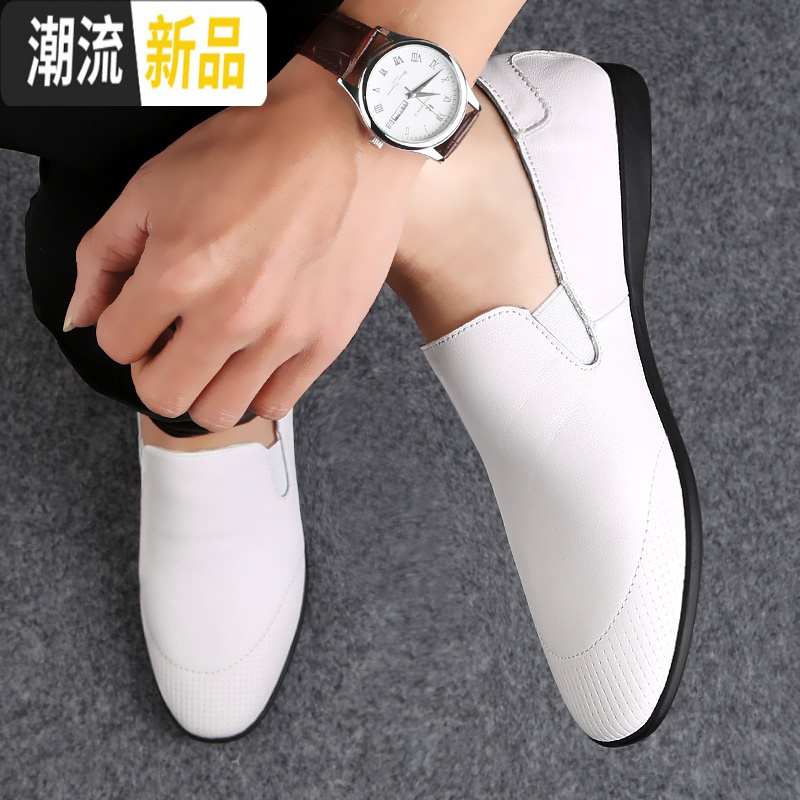 白色豆豆鞋男春季韩版潮流软底2020新款小皮鞋透气真皮男士懒人鞋 广赫