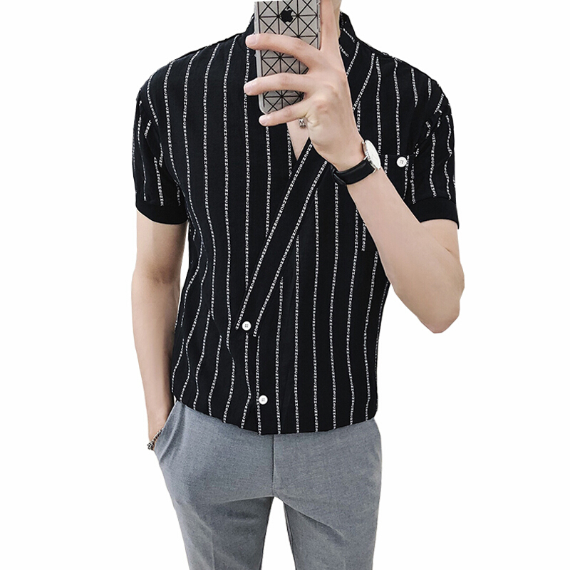 英伦夏季休闲型师立领v领衬衫男士时尚夜店短袖衬衣