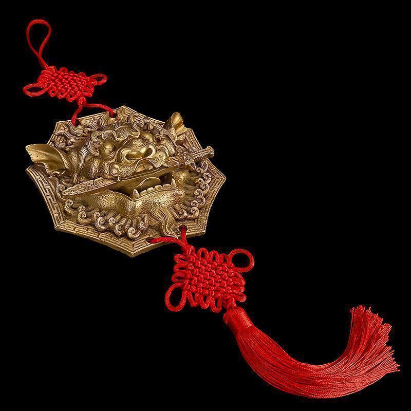家柏饰(CORATED)铜狮子头挂牌 铜狮咬剑铜兽头八挂狮铜器睚眦饰家居摆件
