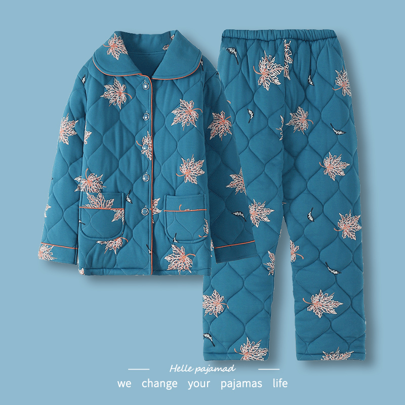 浪莎夹棉睡衣女冬季三层加厚夹棉袄大码保暖开衫可外穿家居服套装