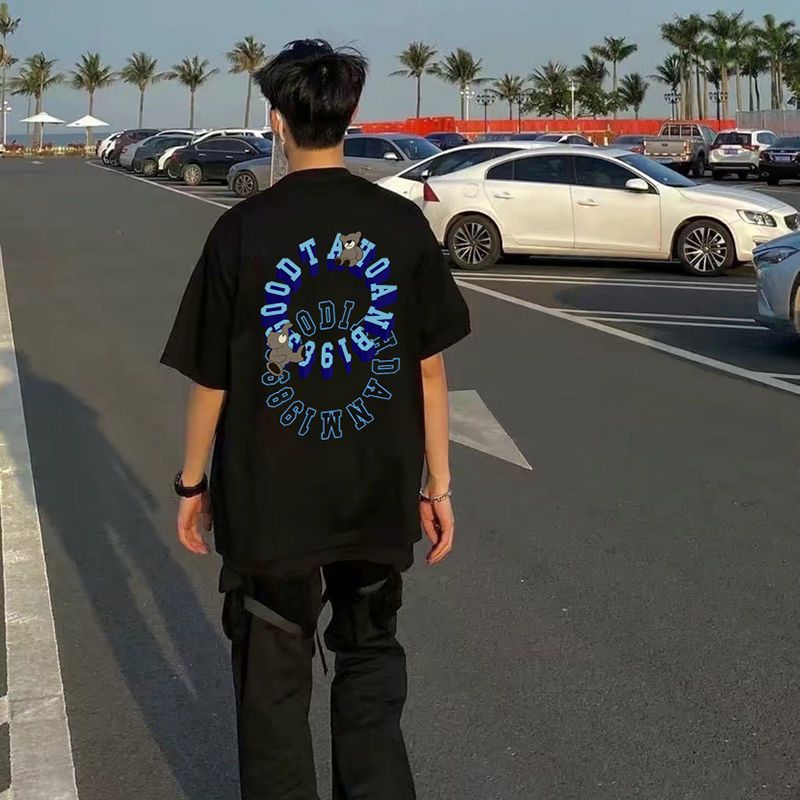 waxy纯棉潮牌后背环形字母印花t恤男夏短袖港风嘻哈宽松帅气上衣