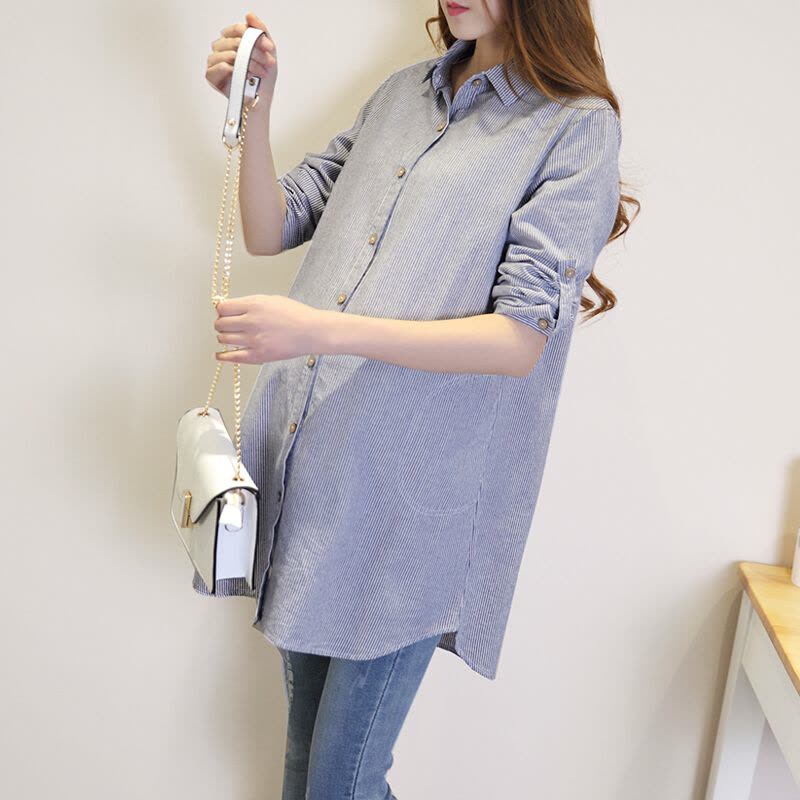 迪鲁奥(DILUAO)外穿条纹职业孕妇衬衫中长款翻领衬衣打底上衣2021秋装孕妇装 蓝条纹-长袖图片
