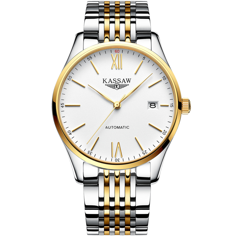 卡梭(KASSAW)手表自动机械表双日历机械男表时尚商务休闲夜光防水手表男K869G K864G K864G间金白面