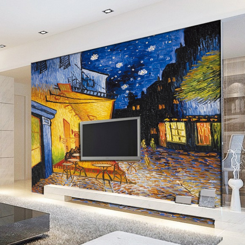 大型墙纸壁画客厅沙电视背景无缝墙布卧室欧式梵高油画集市壁纸壹德壹